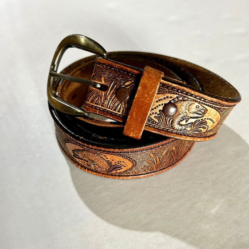Brown Genuine Leather Unisex Tooled Fish Belt, 44", XL Rustic, Cabincore